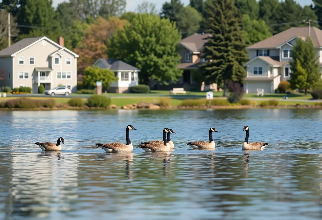 Canada geese near Walled Lake in Novi City, illustrating community action.