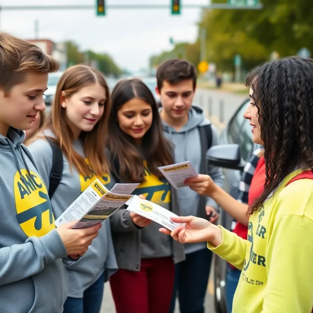 Novi students distributing flyers on distracted driving