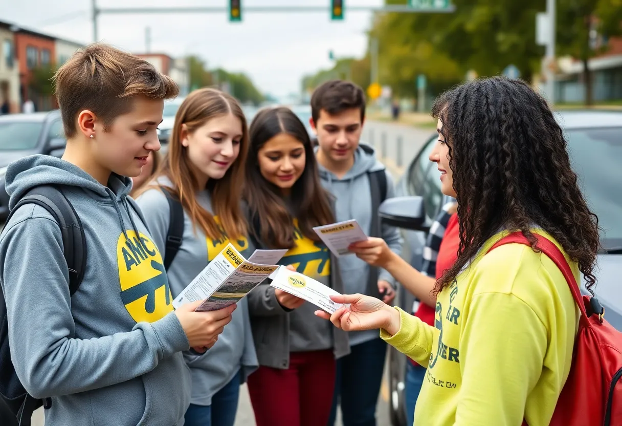 Novi students distributing flyers on distracted driving