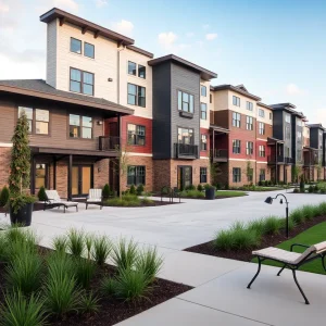 Affordable housing apartments for veterans with landscaped area