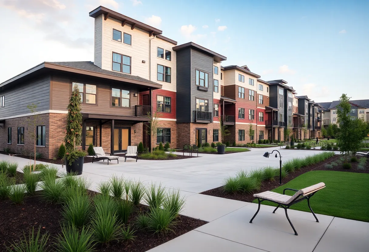 Affordable housing apartments for veterans with landscaped area