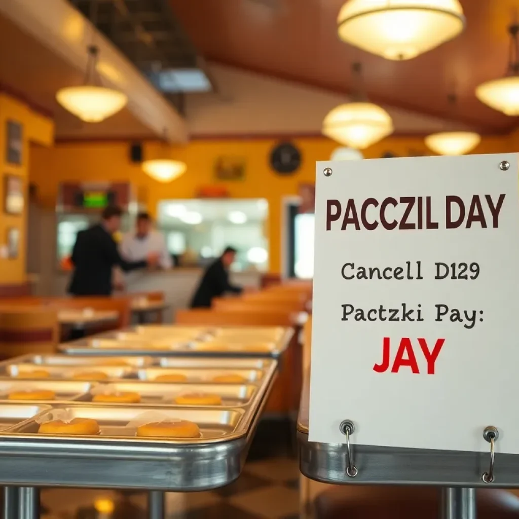 Empty pastry trays at Three Brothers Diner with Paczki Day cancellation notice