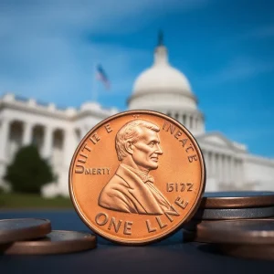 Image depicting a U.S. penny with government elements in the background