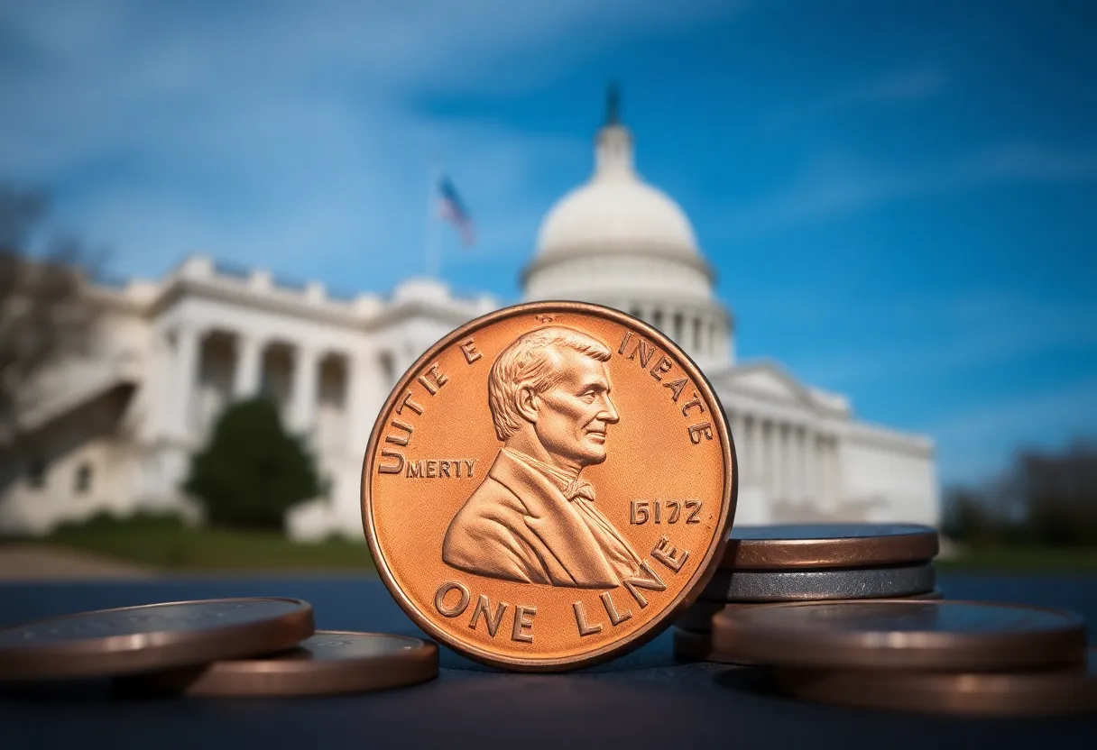 Image depicting a U.S. penny with government elements in the background