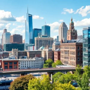 Philadelphia skyline with social media marketing elements