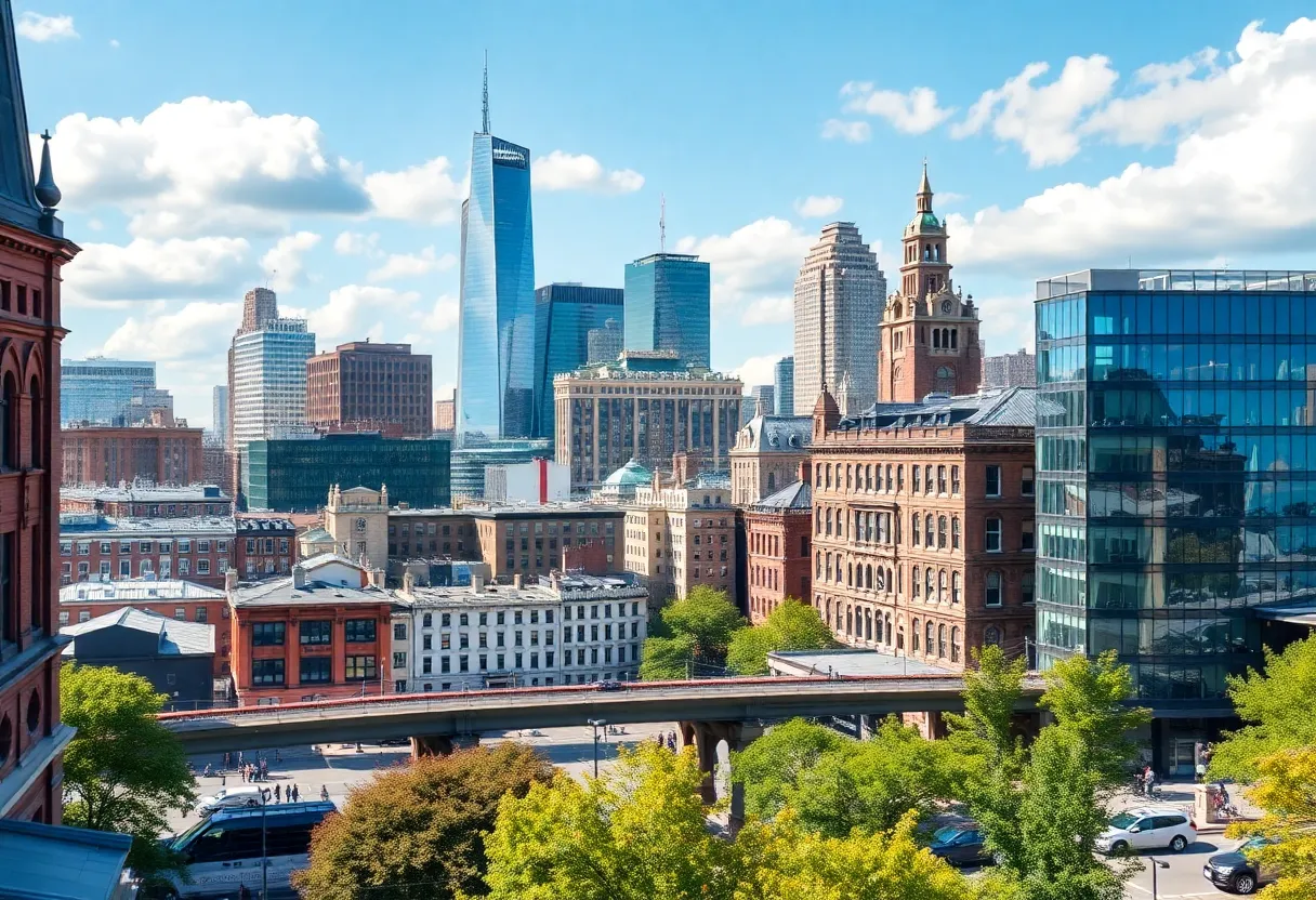 Philadelphia skyline with social media marketing elements