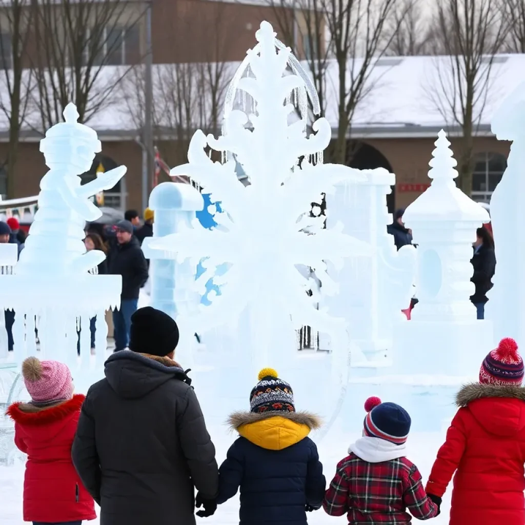 Families enjoying the Plymouth Ice Festival with ice sculptures