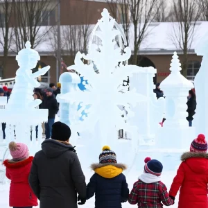 Families enjoying the Plymouth Ice Festival with ice sculptures