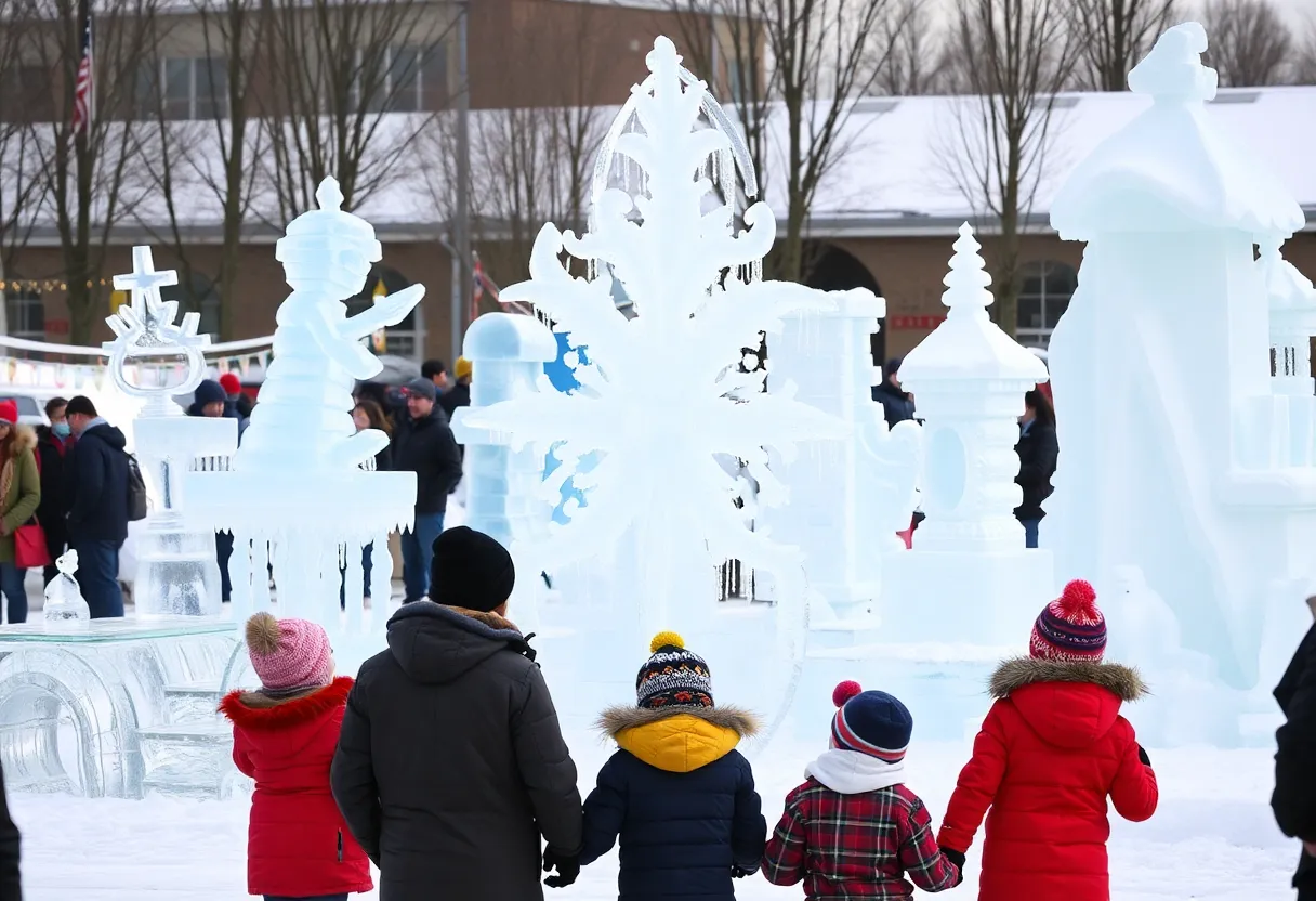 Families enjoying the Plymouth Ice Festival with ice sculptures