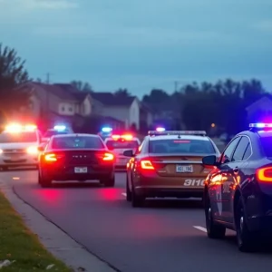 High-speed police chase with flashing lights in a suburban area.