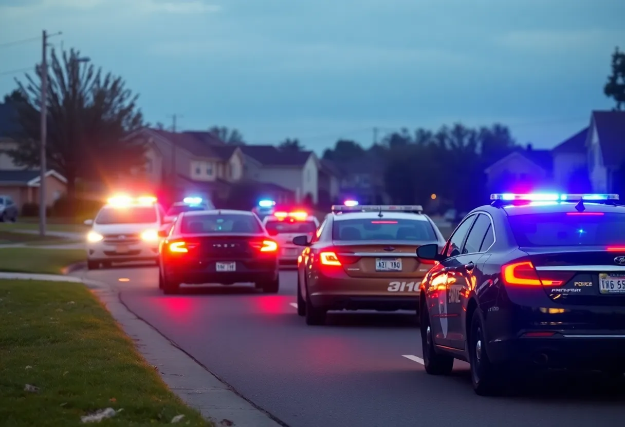 High-speed police chase with flashing lights in a suburban area.