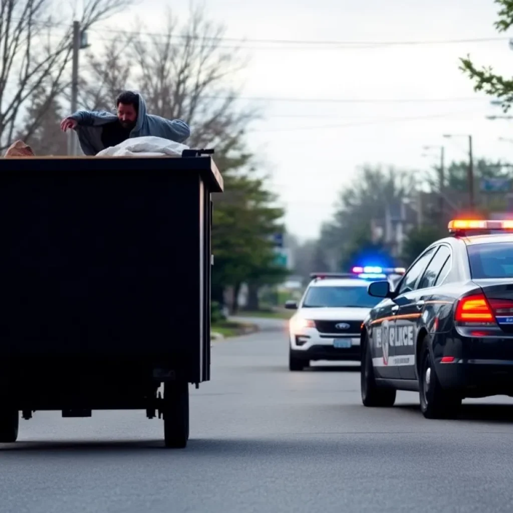 Police cars chasing a suspect near a dumpster in an urban setting.