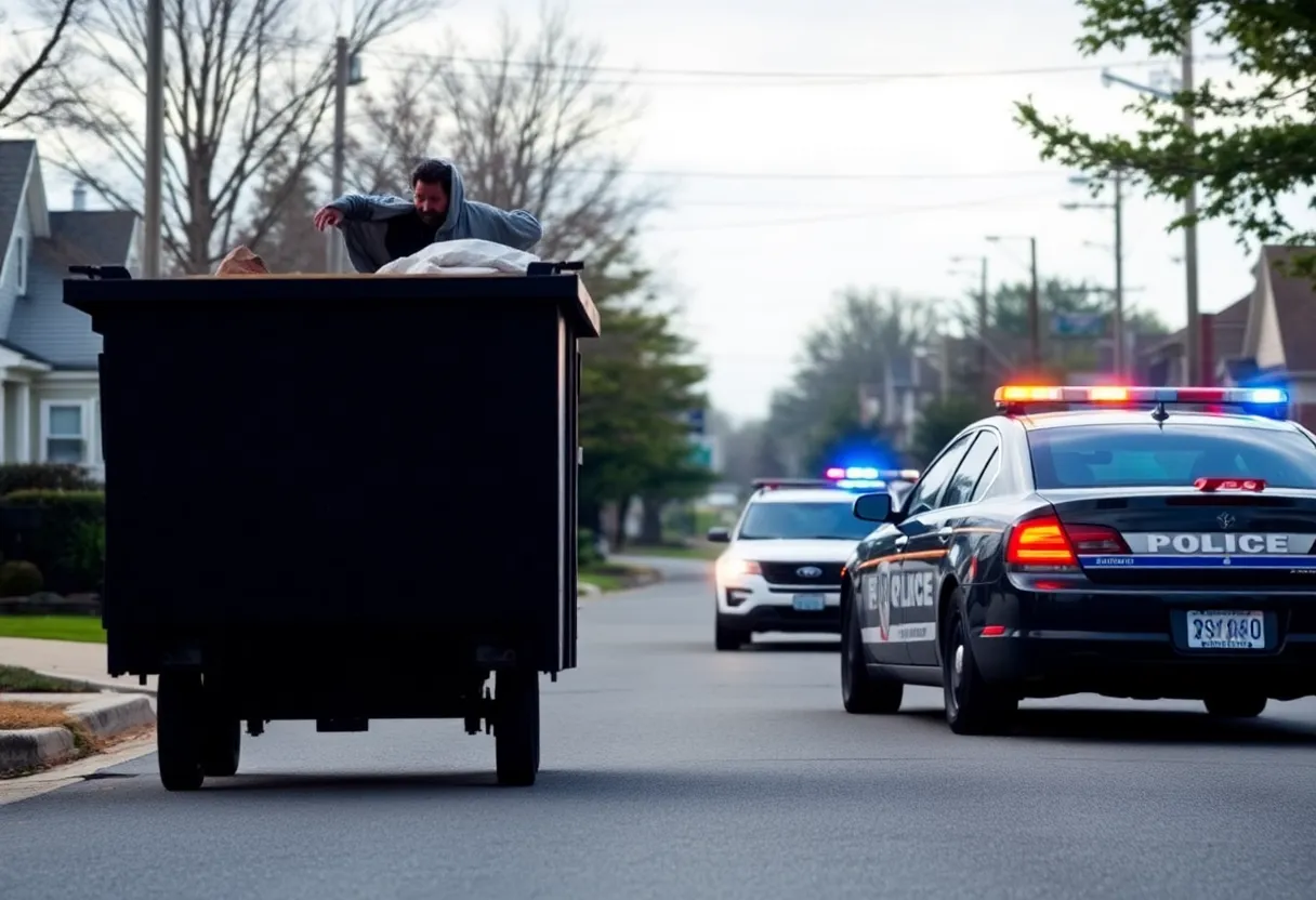 Police cars chasing a suspect near a dumpster in an urban setting.