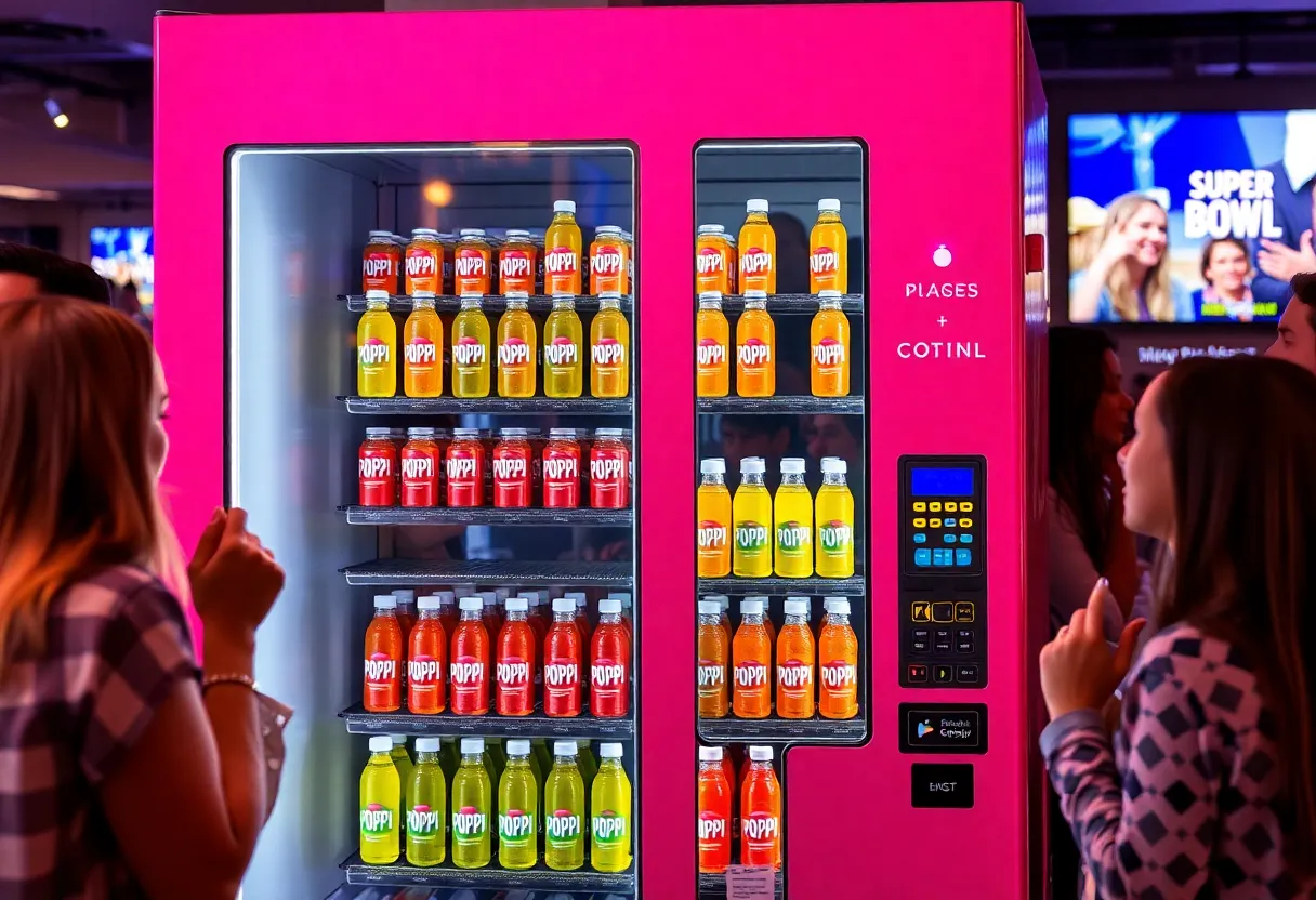 A pop-up vending machine promoting Poppi sodas at a influencer Super Bowl party