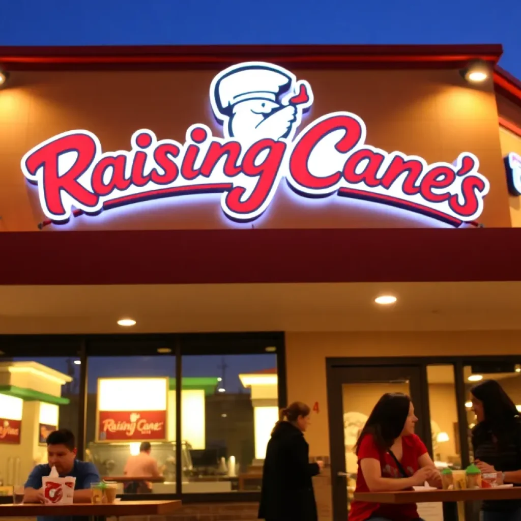 Raising Cane's Chicken Café sign with people enjoying food