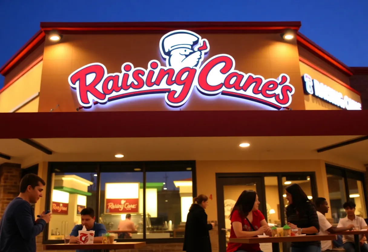 Raising Cane's Chicken Café sign with people enjoying food