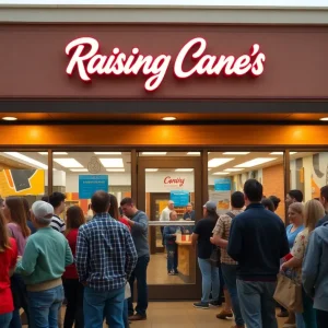 Customers waiting in line for Raising Cane's grand opening in Canton