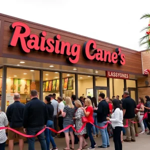 Customers line up outside Raising Cane's during the grand opening in Canton, Michigan.