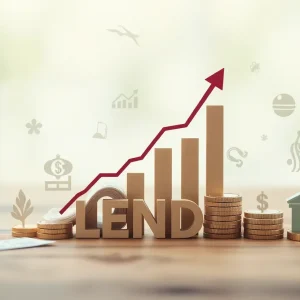 Graphic representation of economic growth with symbolic icons representing lending and banking.