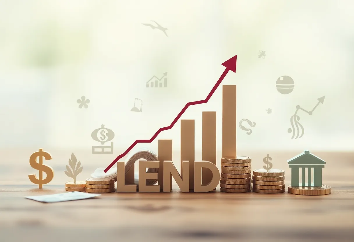 Graphic representation of economic growth with symbolic icons representing lending and banking.