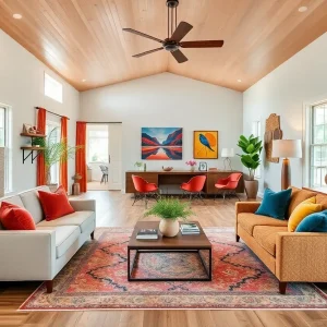 Interior view of a renovated Michigan ranch home with vibrant colors and art