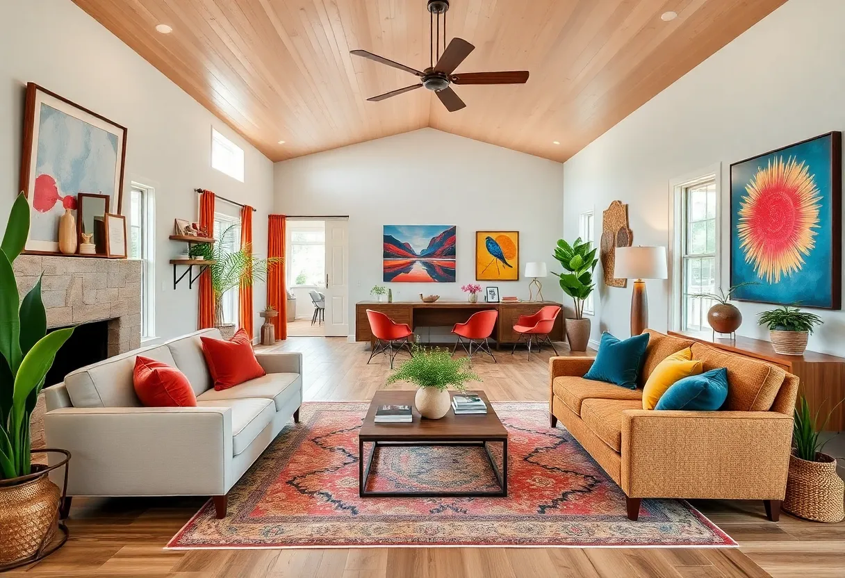 Interior view of a renovated Michigan ranch home with vibrant colors and art