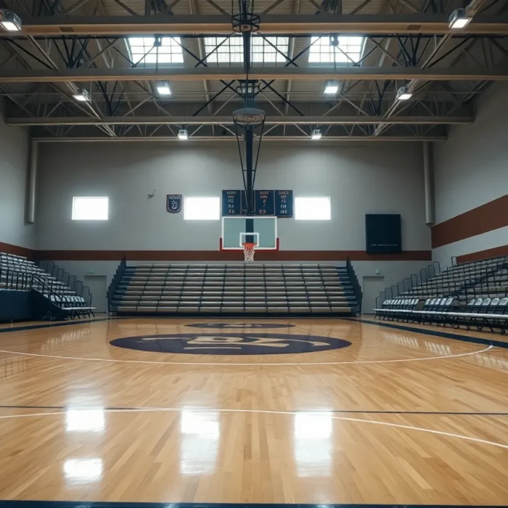 Empty basketball court in River Rouge showing signs of community distress