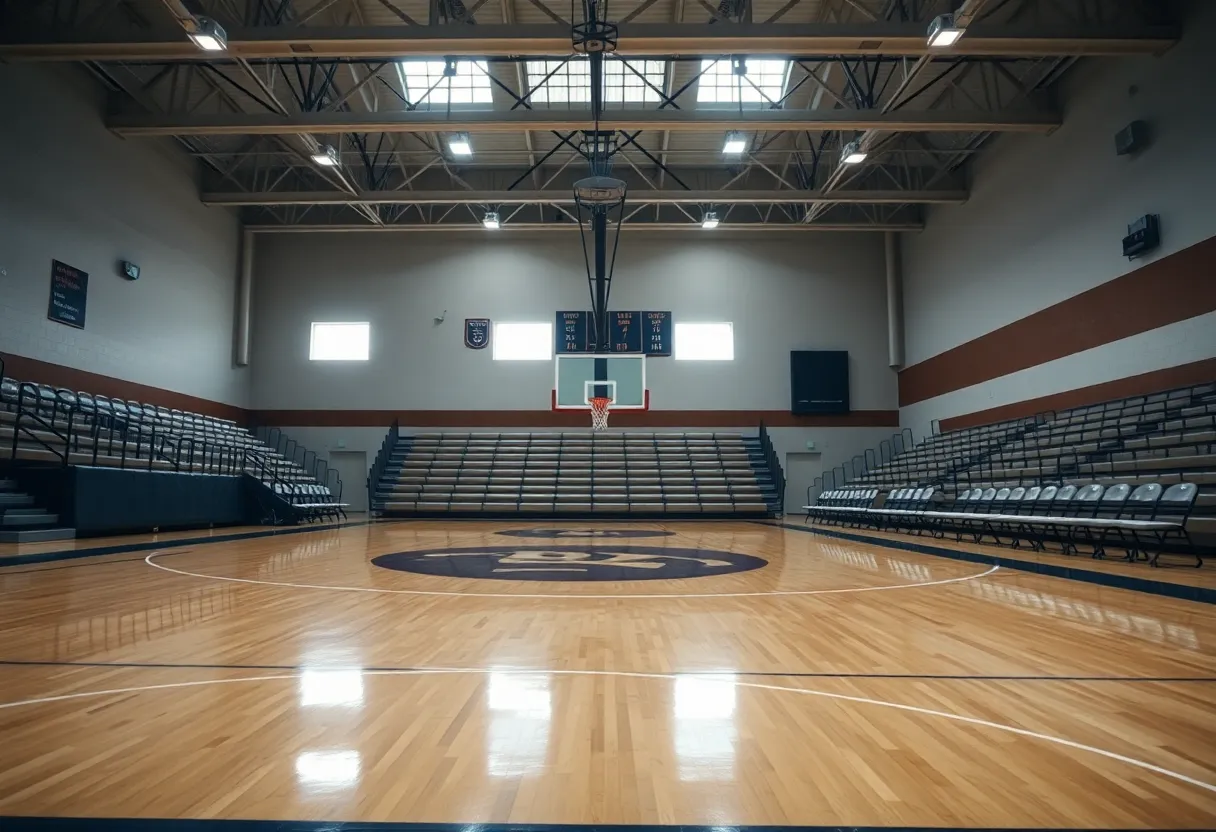 Empty basketball court in River Rouge showing signs of community distress