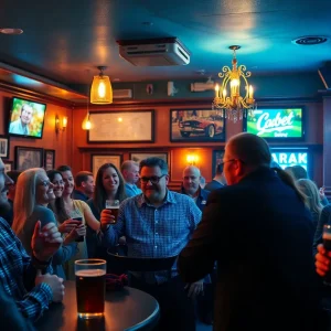 Inside view of a lively pub in Kalamazoo, filled with patrons enjoying drinks and karaoke.