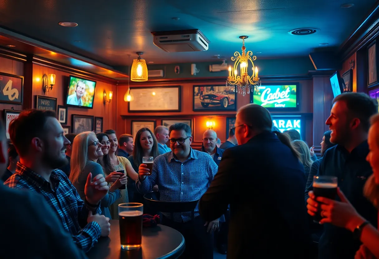 Inside view of a lively pub in Kalamazoo, filled with patrons enjoying drinks and karaoke.