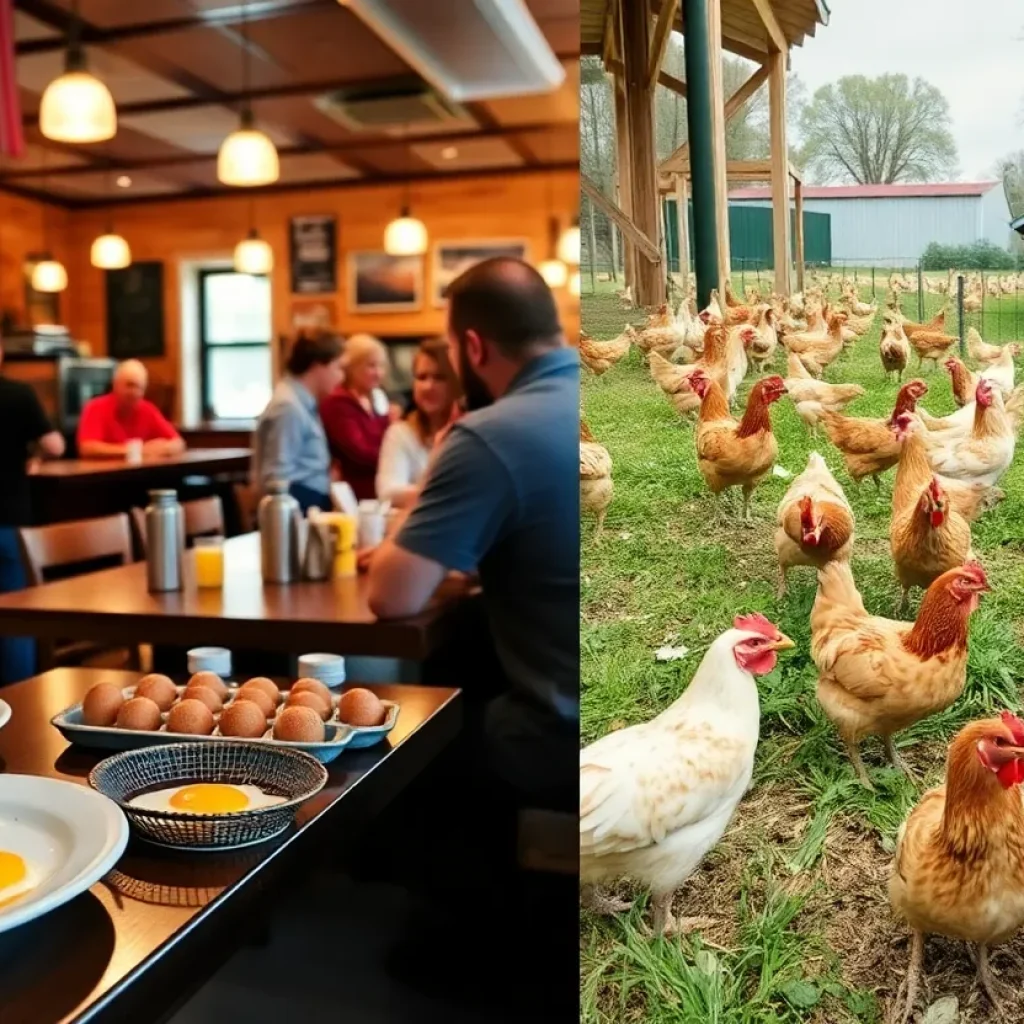 A bustling breakfast scene in a Saginaw restaurant with egg dishes.