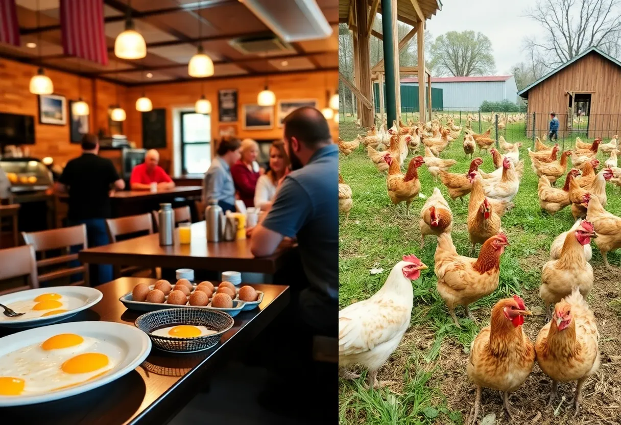 A bustling breakfast scene in a Saginaw restaurant with egg dishes.