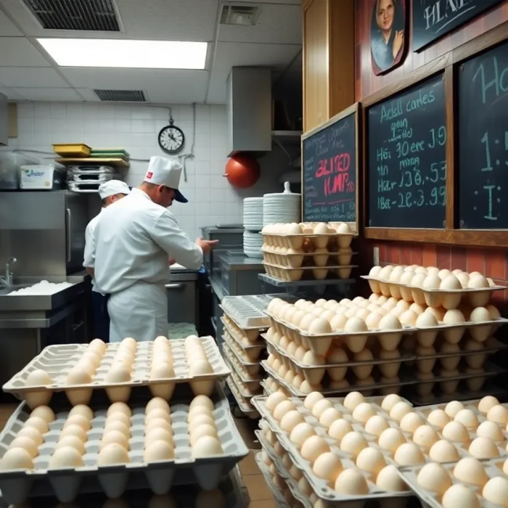 Chefs in Saginaw restaurant preparing meals with egg cartons in view.