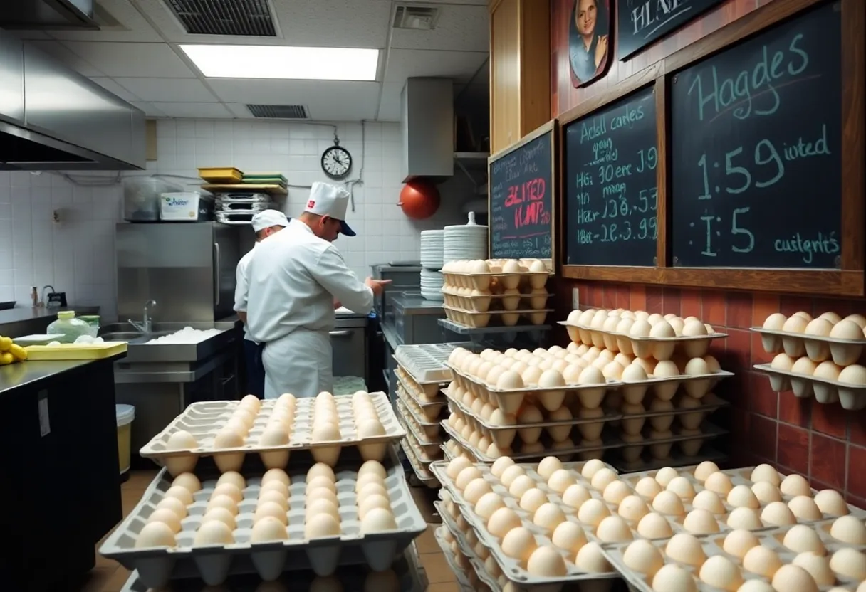 Chefs in Saginaw restaurant preparing meals with egg cartons in view.