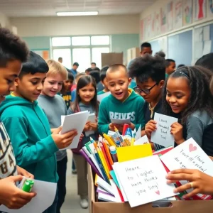 Students participating in a supply drive for Catholic Schools Week.