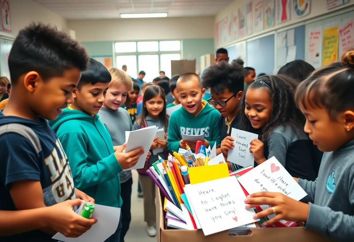 Students participating in a supply drive for Catholic Schools Week.