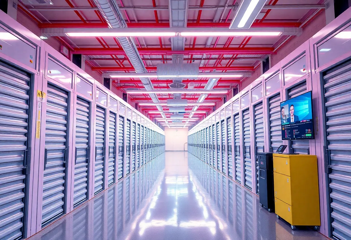 Illustration of a futuristic self-storage marketing scene with digital elements.