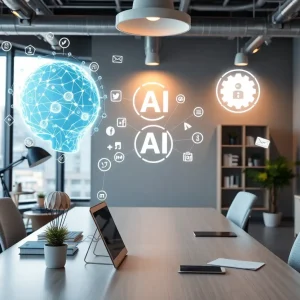 A digital marketing workspace showcasing social media management AI tools.