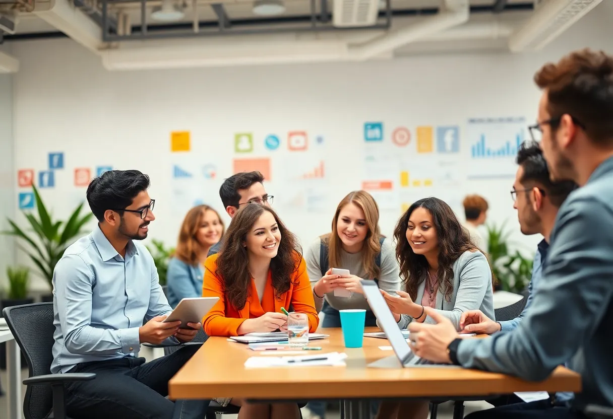 Marketing team discussing social media strategies in an office