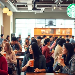 Inside view of a bustling Starbucks coffee shop with customers enjoying their drinks.