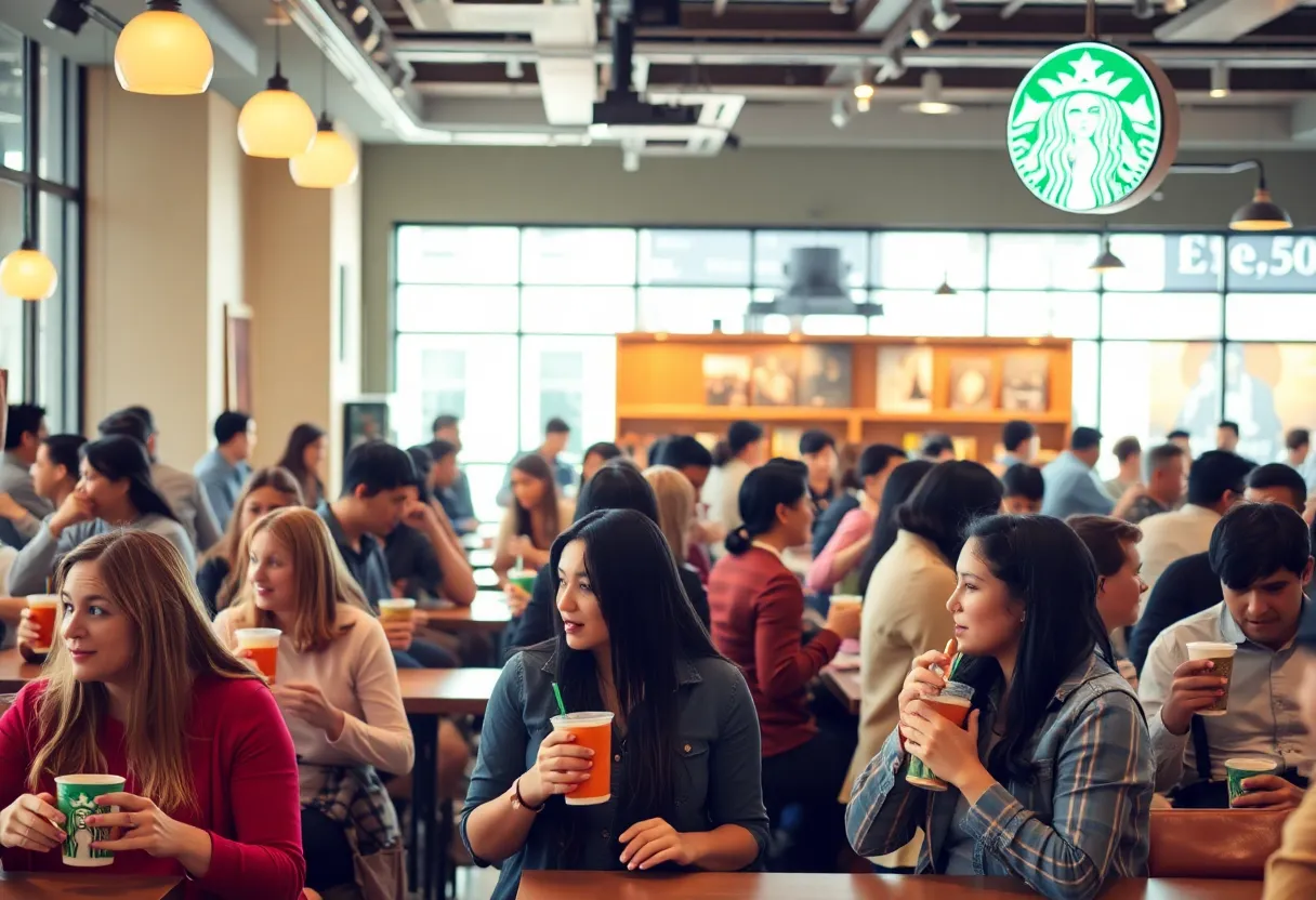 Inside view of a bustling Starbucks coffee shop with customers enjoying their drinks.