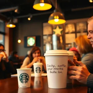 Customers enjoying free coffee at Starbucks cafe