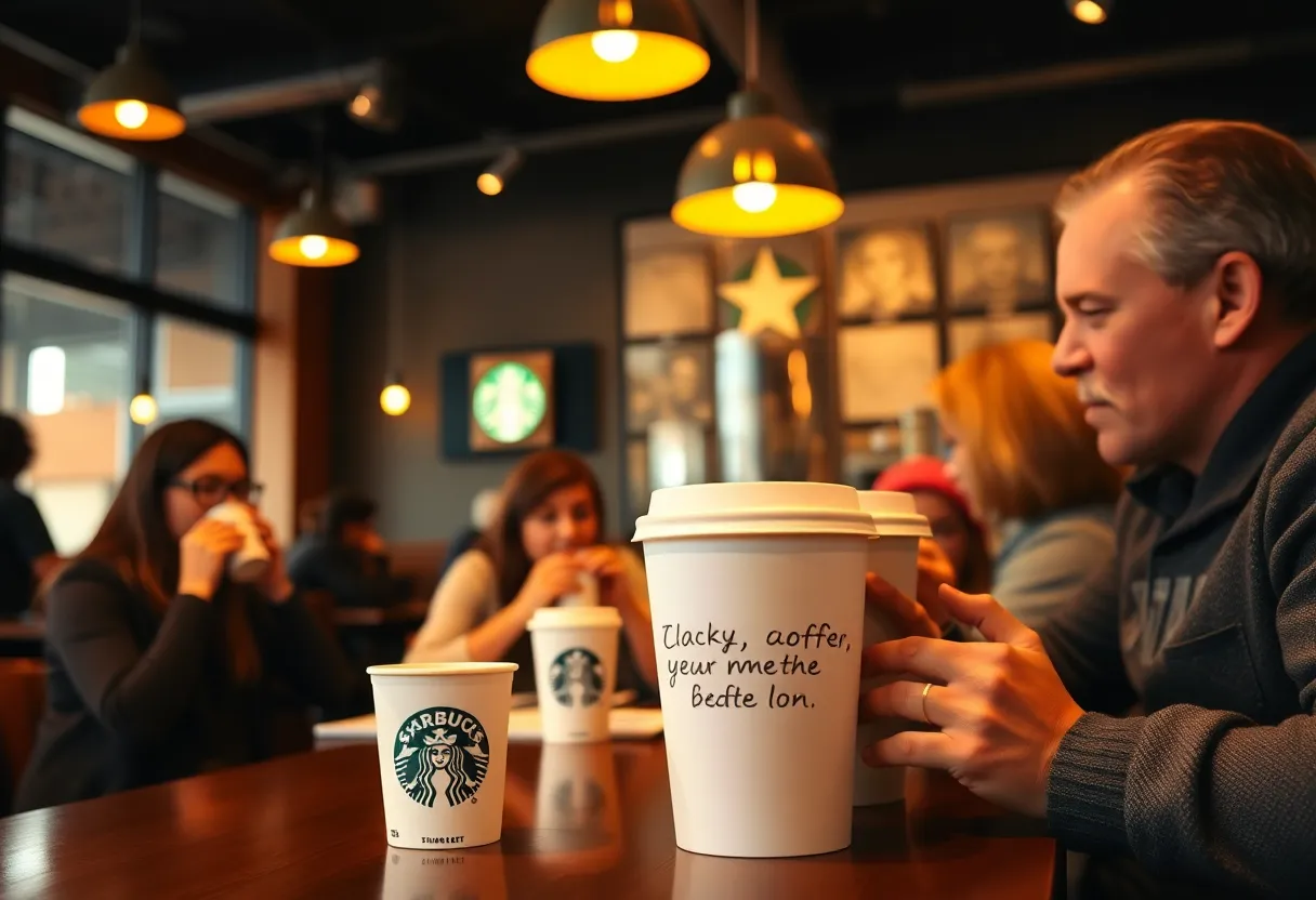 Customers enjoying free coffee at Starbucks cafe