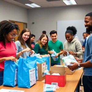 Mount Marty University students creating hygiene kits for community support.