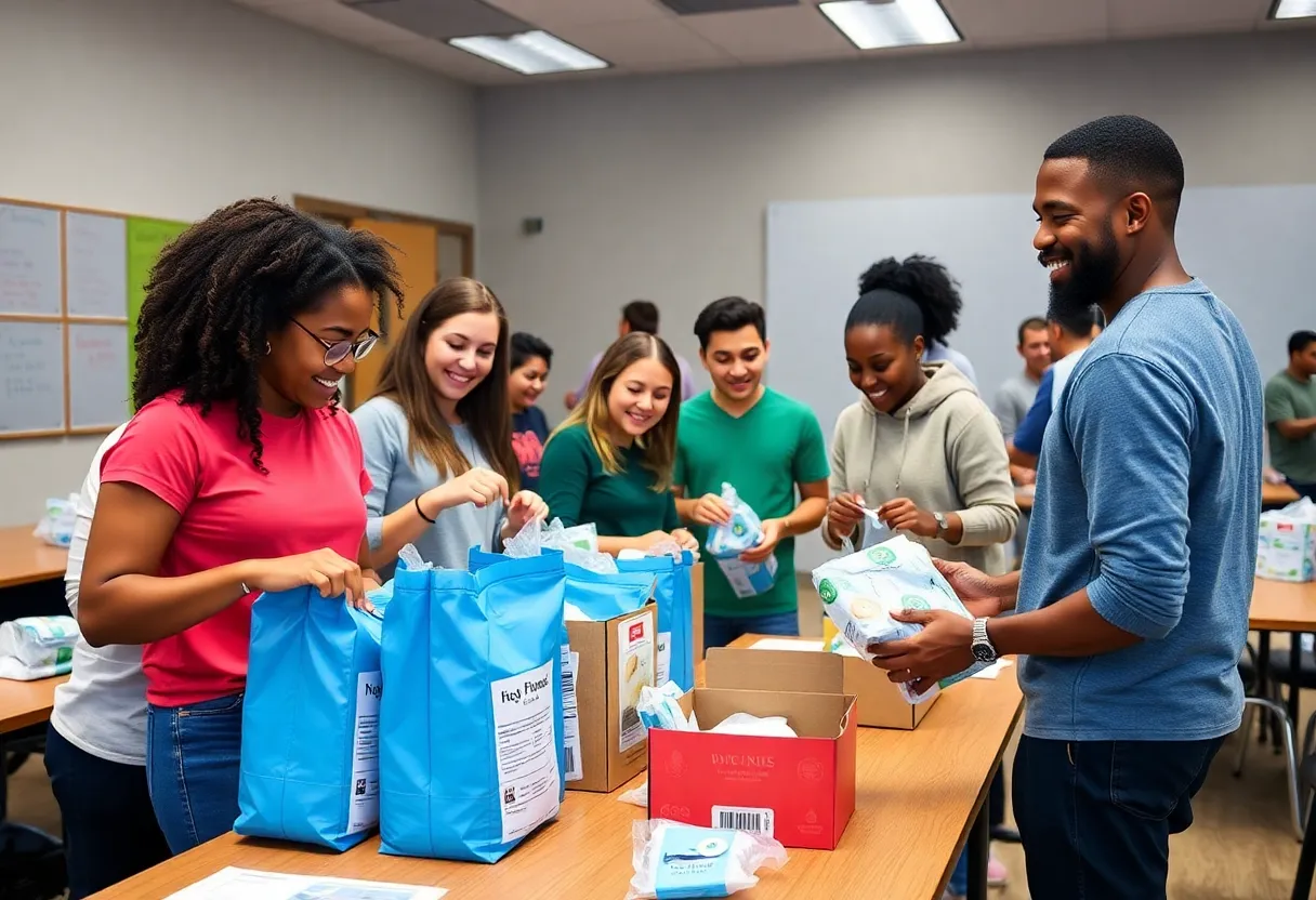 Mount Marty University students creating hygiene kits for community support.