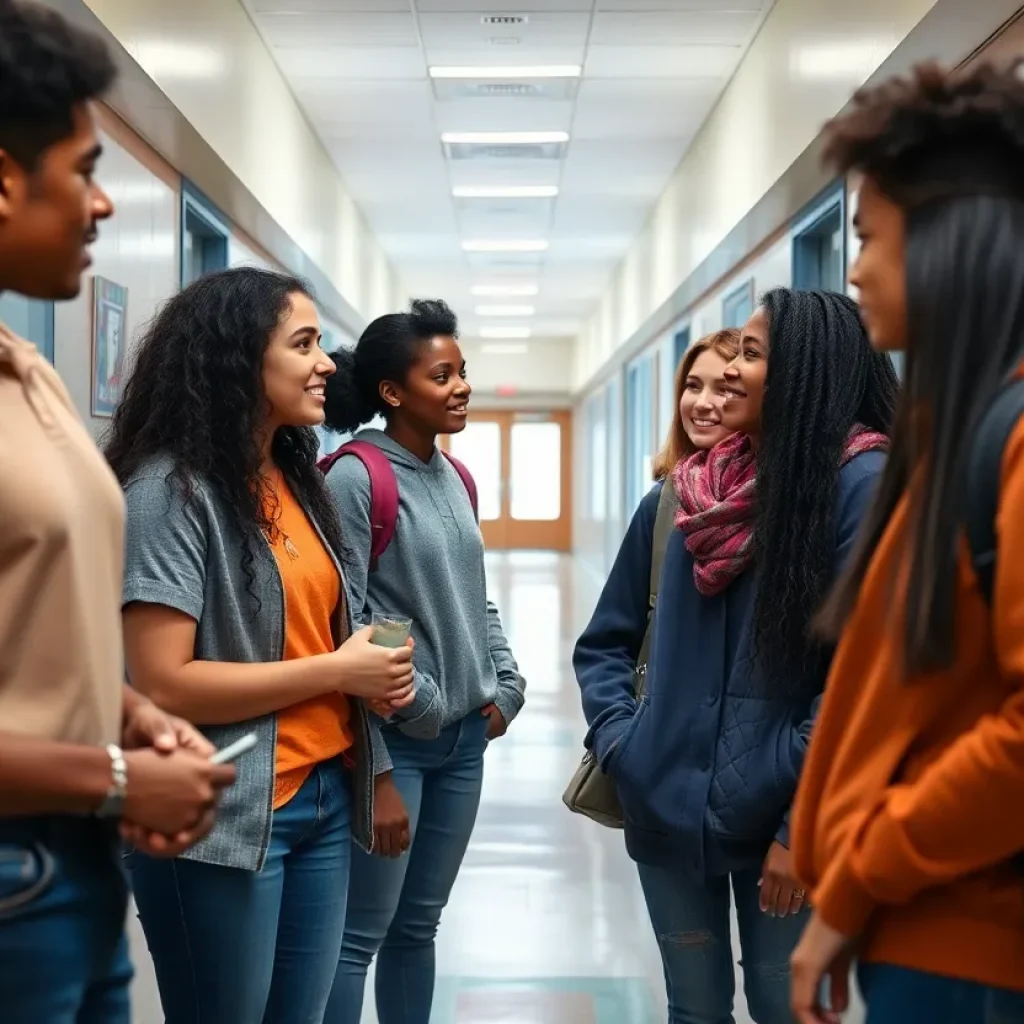 Students in a school corridor discussing inclusivity and respect