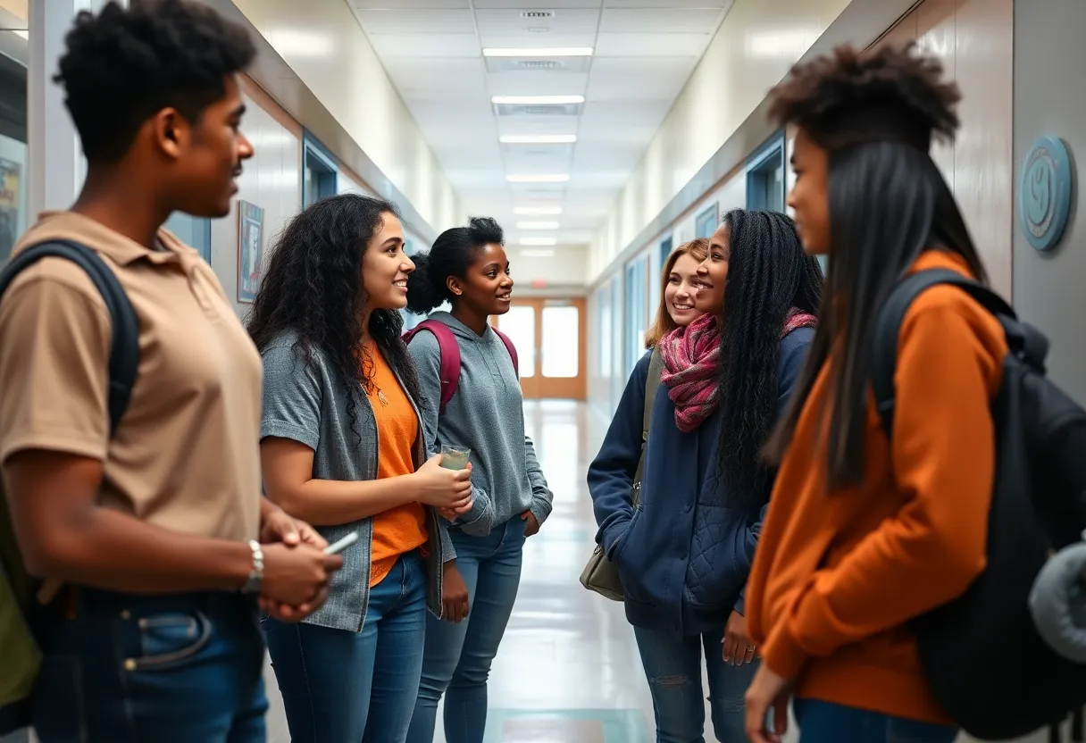 Students in a school corridor discussing inclusivity and respect