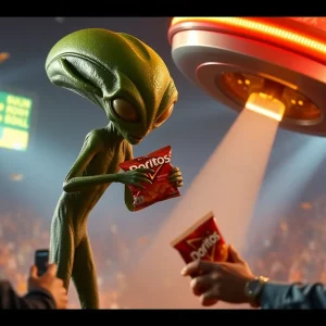 An alien trying to steal Doritos in a Super Bowl ad scene.