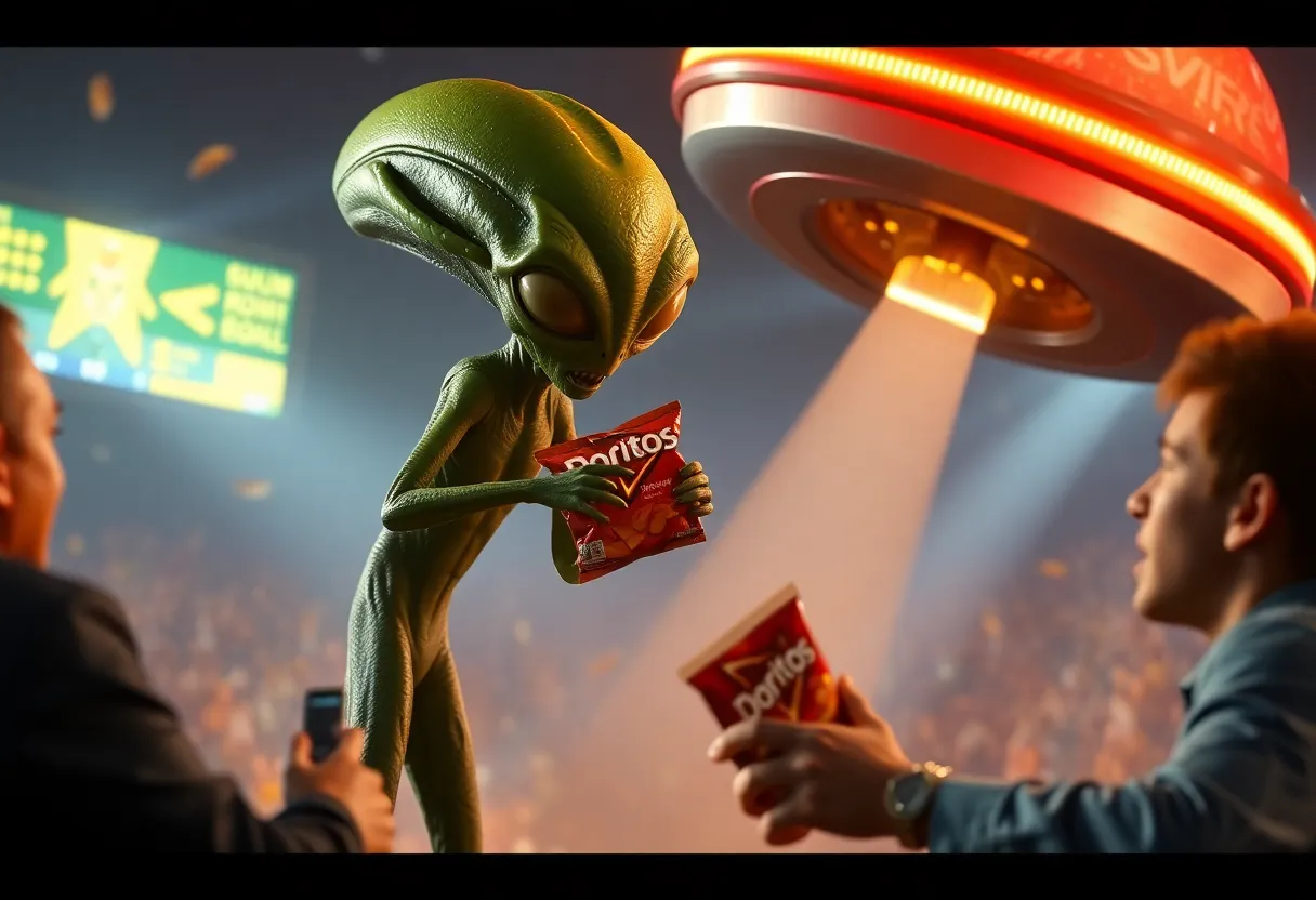 An alien trying to steal Doritos in a Super Bowl ad scene.