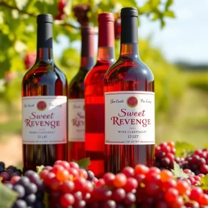 Display of 1.5-liter bottles of Sweet Revenge wine in a vineyard